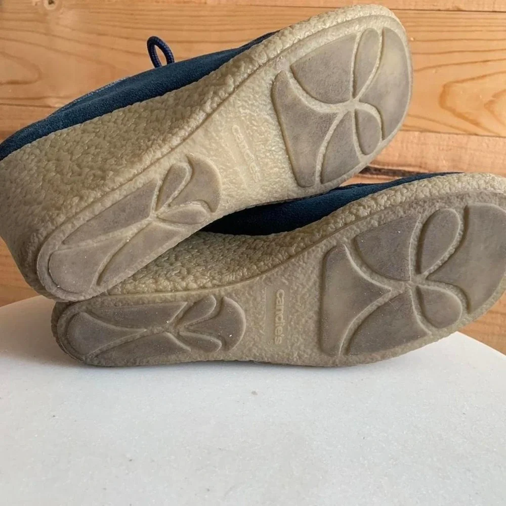 Vtg Candies Blue Leather Suede Wedge Shoes Sz 7‎ Square Moc Toe Y2K Lace Up